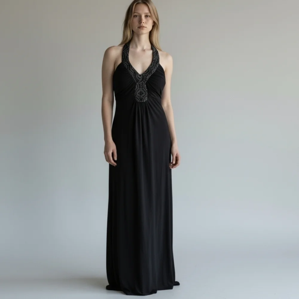 Y2K black Maxi Dress Gown halter Whimsigoth witchy sexy embellishments sz 8 - Picture 8 of 10